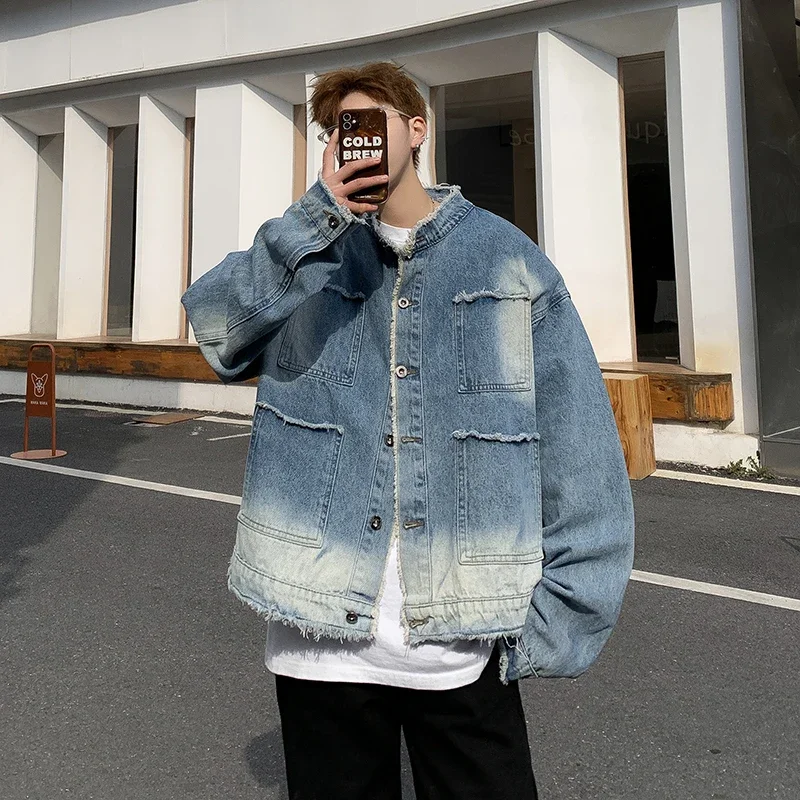 Street Fashion Jeans Men - Jaket Denim Raw Edge Hip Pop