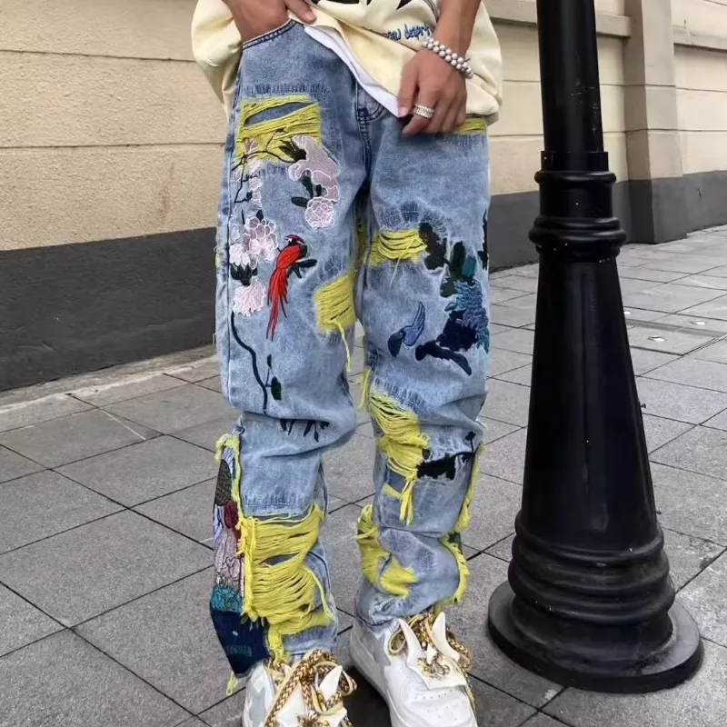 Street Fashion Jeans Men - Jins dilapis bordir Hip-hop Vintage Amerika