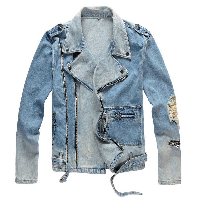 Street Fashion Jeans Men - Sokotoo Jaket Biker Jeans Biru Pria